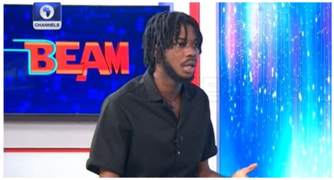 A screengrab of Ayere-Victor Great Popularly known as Manja Lee, during an interview on Channels Beam.