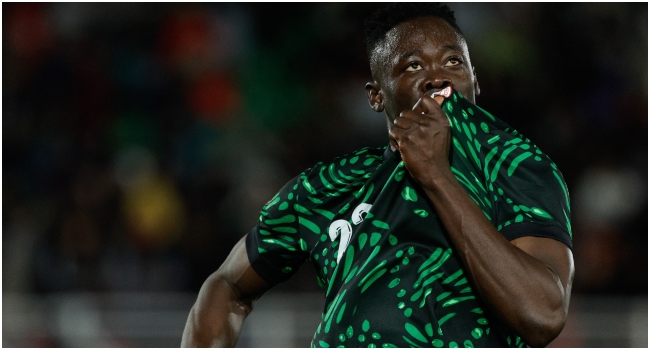 Nigeria's forward #22 Akor Adams celebrates scoring the team's fourth goal during the Africa Cup of Nations (CAN)