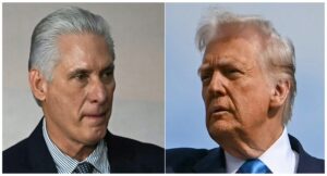 (COMBO) This combination of files pictures created on January 11, 2026 shows Cuba's President and First Secretary Miguel Diaz-Canel (L) before a family photo during the BRICS summit in Rio de Janeiro, Brazil, on July 7, 2025; and US President Donald Trump as he boards Air Force One before travelling to South Korea, at Haneda Airport in Tokyo on October 29, 2025. (Photo by Mauro PIMENTEL and ANDREW CABALLERO-REYNOLDS / AFP)