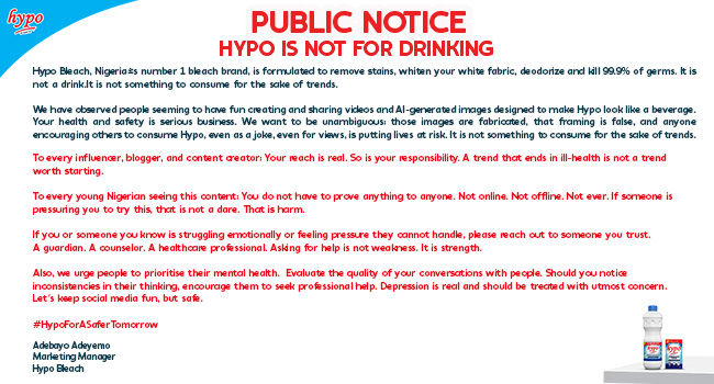 Hypo Issues Public Safety Warning: Bleach Not For Drinking