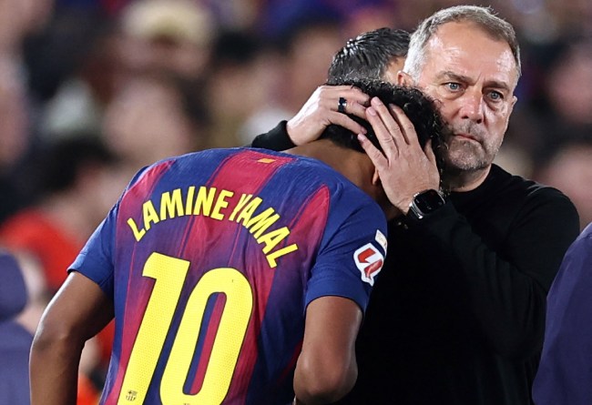 Barcelona's German coach Hans-Dieter Flick hugs Barcelona's Spanish forward #10 Lamine Yamal as he is substituted due to an injury during the Spanish league football match between FC Barcelona and RC Celta de Vigo at Camp Nou stadium in Barcelona on April 22 , 2026.JOSEP LAGO / AFPPhoto by JOSEP LAGO / AFP